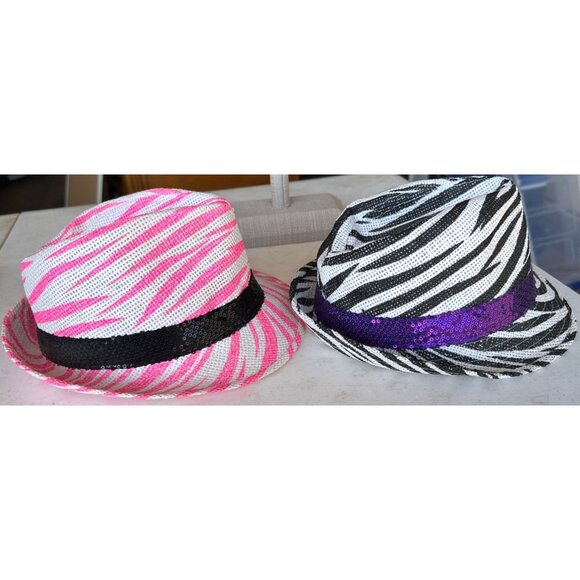 Women's Lot of 2 Hats Black & Pink Zebra Pattern w/Sequins by Midwood Brands Co - Picture 3 of 8